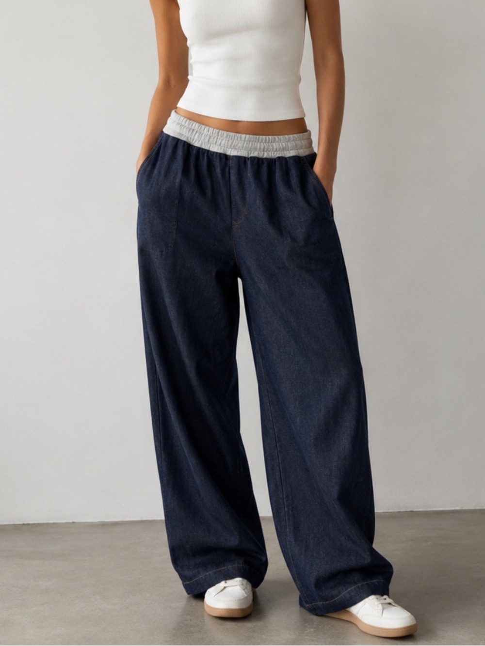 Zara Mixed Denim Sweatpant Wide-Leg Pants